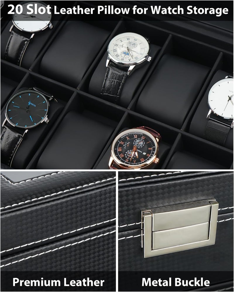 Jenseits Watch Box, 20 Slot Watch Case for Men, 2 Layers Lockable Watch Display Case with Glass Lid, Large Capacity Watch Storage Organizer, Gift for Loved Ones, Luxury Watch Holder (Black) - Image 3